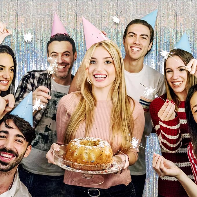 3 Pack Silver Foil Fringe Curtain Backdrop, 3.28Ft x 8.2Ft Metallic Tinsel Foil Fringe Streamer Curtains for Photo Booth, Mother's Day, Easter, Birthday, Wedding Party Decorations