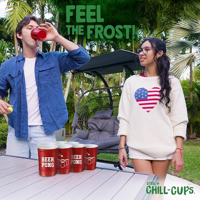 16 oz. Party Cup 'Beer Pong' Drinking Game Design for Cold Drinks, Sturdy, Durable, Disposable, Recyclable, Made in USA, Red 12 Count