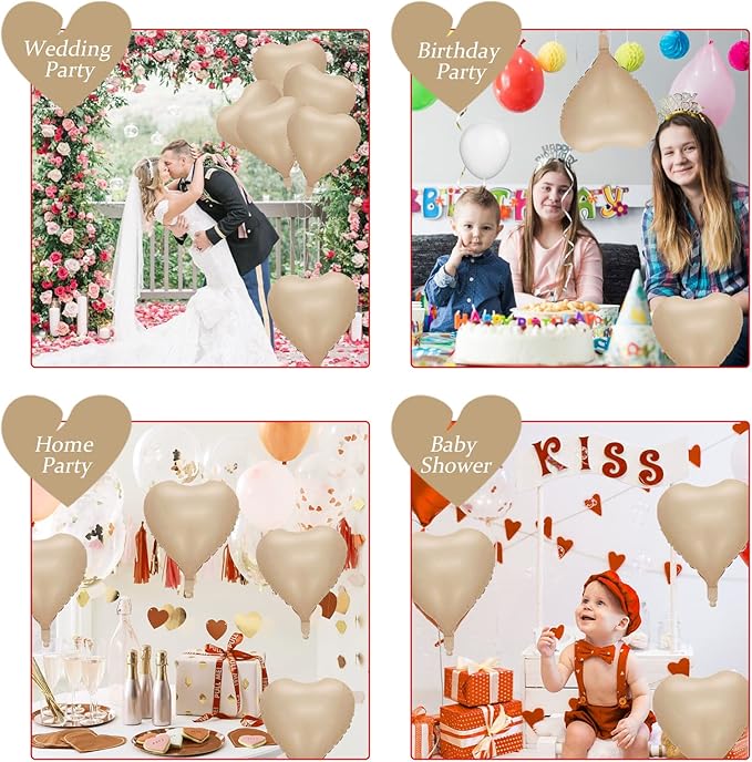 Retro Apricot Heart Balloons, 10PCS Beige Caramel Foil Heart Shape Balloons, 18inch Sand White Love Foil Balloons for Helium Nude Neutral Balloon for Brithday, Valentines Day, Baby Shower Decorations