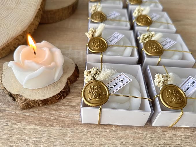 Personalized Rose Shaped Wedding Candle Favors with Seal Wax and Dried Flowers - Scented Soy Wax for Weddings, Bridal Showers, Baby Showers, Birthdays (10-20-30-40-50-100 PCS in Bulk)