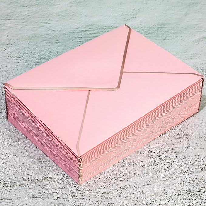 100 Pack A7 Envelopes 5 x 7 Card Envelopes V Flap with Gold Border for Office, Wedding Gift Cards, Invitations, Graduation, Baby Shower, Parties (Pink, 5.32 x 7.28 Inches)