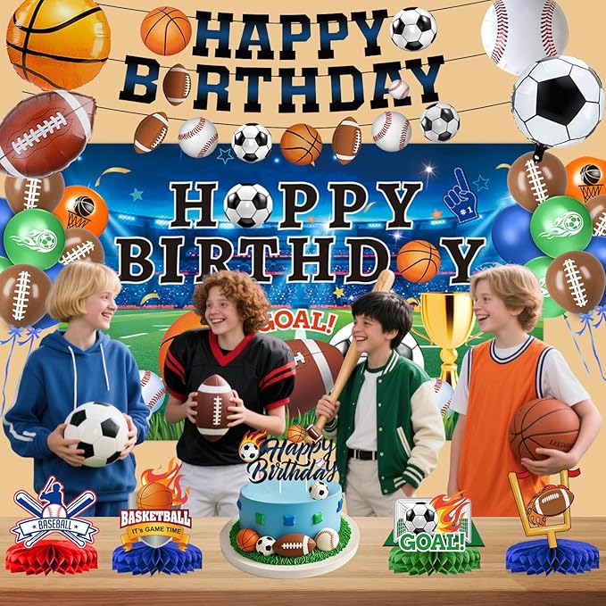 Sports Birthday Party Decorations Includes Banner, Backdrop, Foil & Latex Balloons, Cake & Cupcake Toppers, Honeycomb Centerpieces for Boy Sports Themed Party Decorations