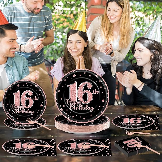 96 Pieces Rose Gold 16th Birthday Party Plates Sweet 16th Theme Party Decorations Black Rose Gold Paper Plates and Napkins Pink Birthday Disposable Dessert Tableware Set 16 Years Supplies 24 Guests