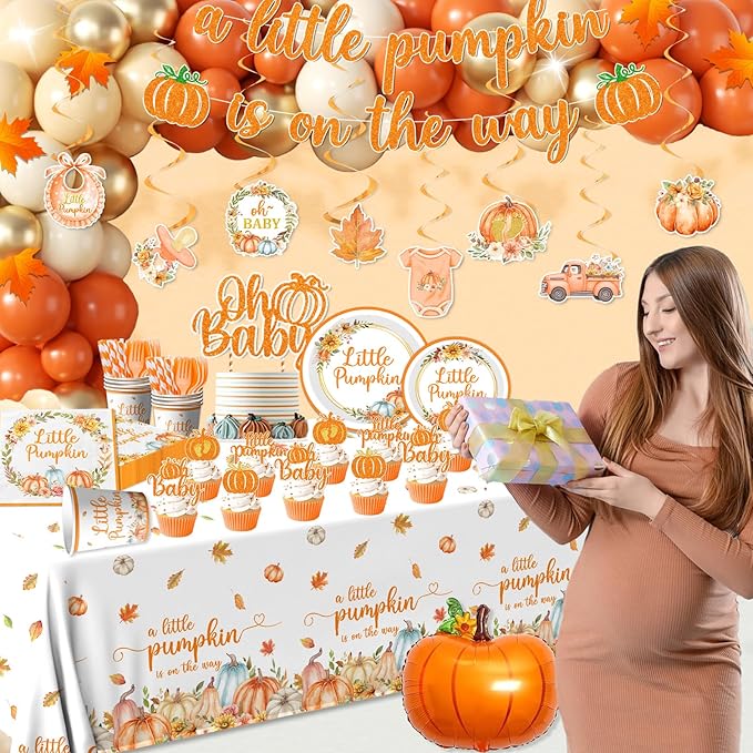 Fall Little Pumpkin Baby Shower Decorations,Fall Plates and Napkins Party Supplies with Pumpkin Plates,Napkins,Banner,Balloons,Cutlery,Yellow Tablecloth for 24 Guests Thanksgiving Festival