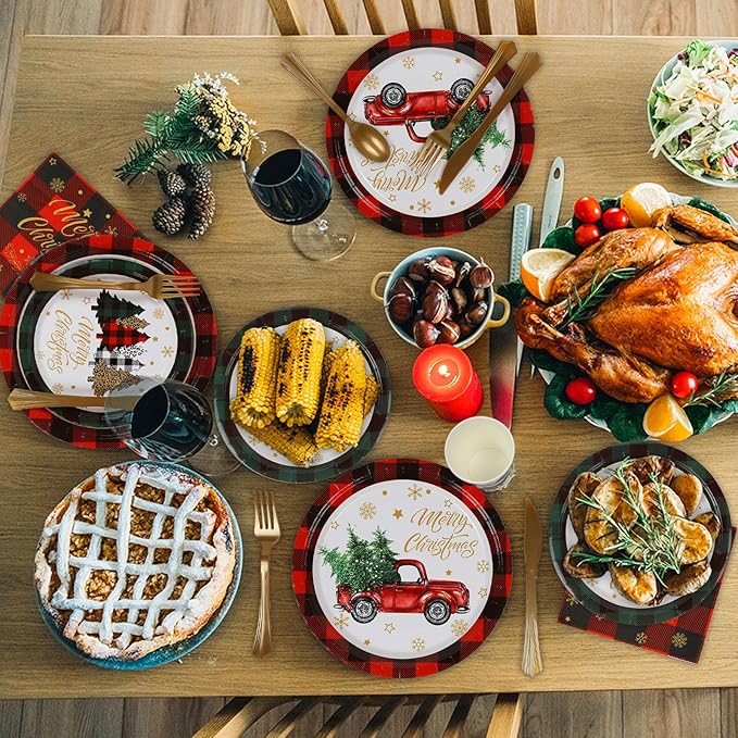 ANALIM 350 PCS Christmas Disposable Paper Dinnerware Set Includes Dinner Plates, Dessert Plates, Cups, Napkins, Knives, Forks, Spoons for Christmas Party Supplies