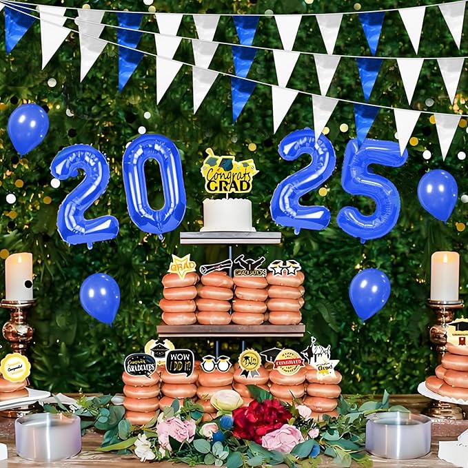 32.8FT Navy Blue White Silver Glitter Triangle Pennant Banner Flag Metallic Bunting Fabric Garland for Christmas Graduation Wedding Bridal Shower Nautical Ahoy Achor Theme Party Decorations Decor