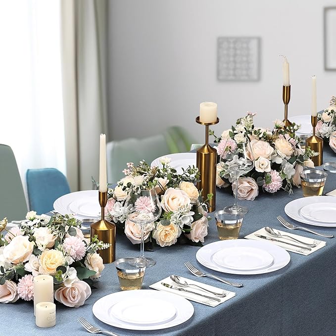 350-Piece White Swirls Plastic Dinnerware Set for 50 Guests, Elegant Disposable Dinnerware for Party, Wedding. Includes 10.25" Dinner Plates, 6.5" Dessert Plates, Silverware, Napkins, Cups