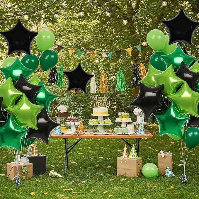 TONIFUL 15Pcs 18 Inch Large Green Black Star Shape Foil Balloons Big Stars Helium Mylar Ballons for Birthday Wedding Baby Shower Anniversary Engagement Party Decorations Supplies