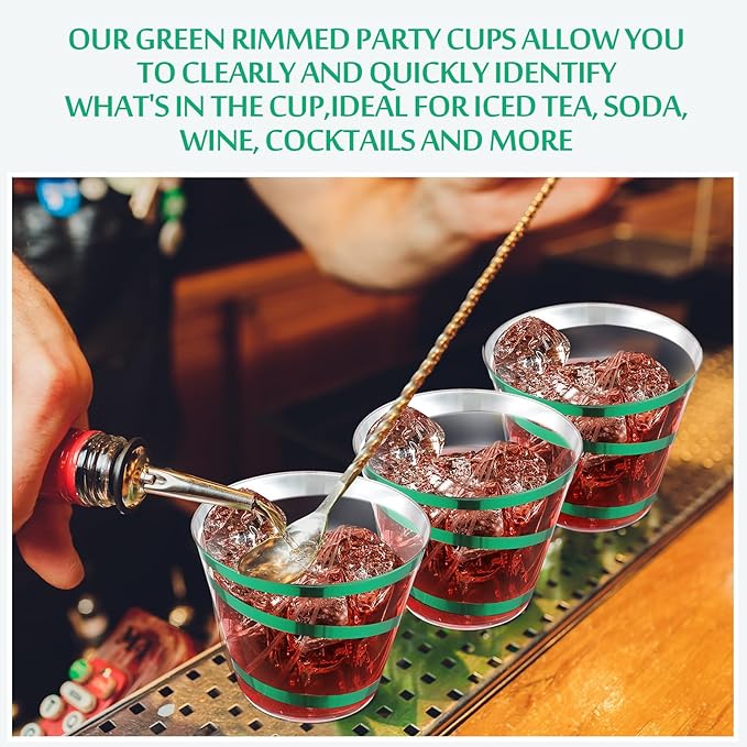 Gejoy 9 oz Rimmed Swirl Plastic Cups Disposable Wine Drinking Cups Clear Elegant Halloween Tumblers for Christmas Party Supplies(Dark Green,100 Pcs)