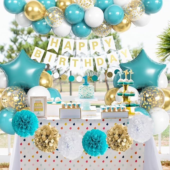 Teal & Gold Birthday Decorations - Turquoise Blue White Gold Balloons, Happy Birthday Banner, Foil Balloons, Aqua Pom Poms for Women & Girls Parties