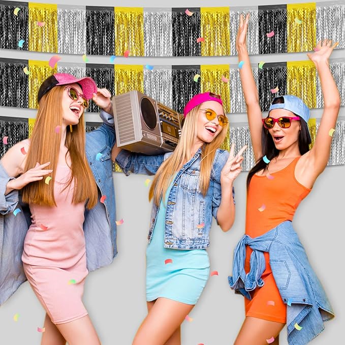 6 Pack 10 Feet Black Gold Silver Wave Foil Fringe Garland Metallic Tinsel Streamers Banner Wall Hanging Curtain Backdrop for Parade Floats, Mother's Day, Easter, Wedding, Birthday Party Decoration