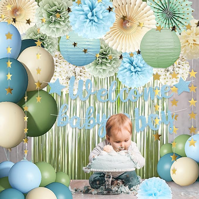Dusty Blue Sage Green Baby Shower Decorations -Welcome Baby Boy Banner, Retro Sea-blue Green Balloons, 'Oh Baby' Cake Topper, Pom Poms Flowers Paper Fan For Birthday Jungle Boho Blue-Party Décor