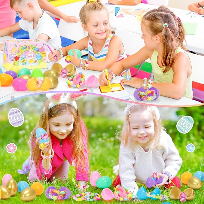 SevenQ Prefilled Easter Eggs with Bracelets Rings 24 Pack Kids Jewelry for Girls Easter Basket Stuffers Gifts for Kids Fidget Toys Fillers Princess Party Favors Classroom Treasure Box Egg Hunt Games