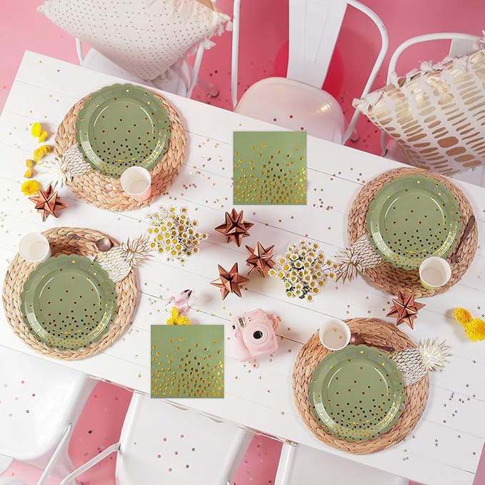 50pcs Sage Green Paper Plates and Napkins Set, 7Inch Sage Green and Gold Dot Disposable Party Plates Set for Baby Shower Birthday Wedding Christmas Party Supplies and Decorations