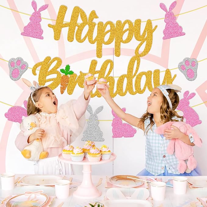 Bunny Birthday Banner Rabbit Bday Party Decorations Bunny Paw Ears Carrot Easter's Day Theme for Kids Boy Girl Baby Shower Party Supplies (Gold)