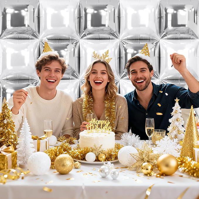 NISOCY 25PCS Metallic Silver and Pearl White Square Foil Balloons Wall Backdrop Double Sided Silver and White Balloons Arch Kit for New Year Birthday Engagement Wedding Bridal Shower Party Decorations