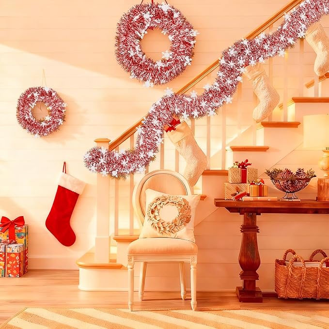 50Ft Christmas Tinsel Garland, Red and Snowflake Tinsel Garland Metallic Twist Shiny Garland for Xmas Tree Decorations, Tinsel for New Year Party Ceiling Hanging Decorations Indoor and Outdoor Decor