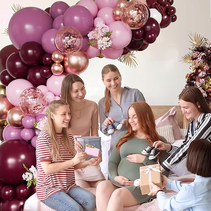 Retro Burgundy Balloon Arch Kit, 171Pcs Double-stuffed Dusty Pink Lavender Rose Pink Rose Gold Confetti Balloons for Baby Bridal Shower Wedding Engagement Birthday Party Decorations