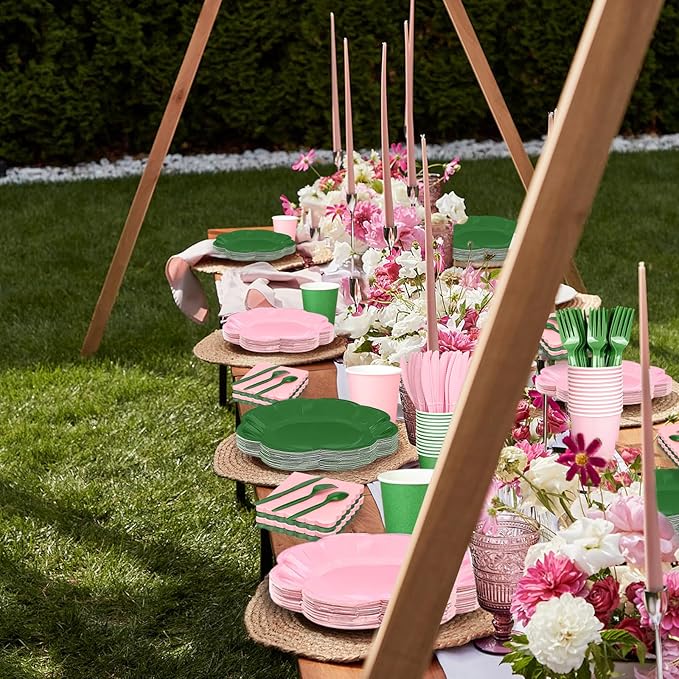 416 Pcs Pink And Green Party Supplies - For 52 Guests Paper Plates And Napkins Knives Spoons Forks Cups - Disposable Big Scalloped Dinner Party Set Cutlery - For Baby Shower Bridal Shower Wedding