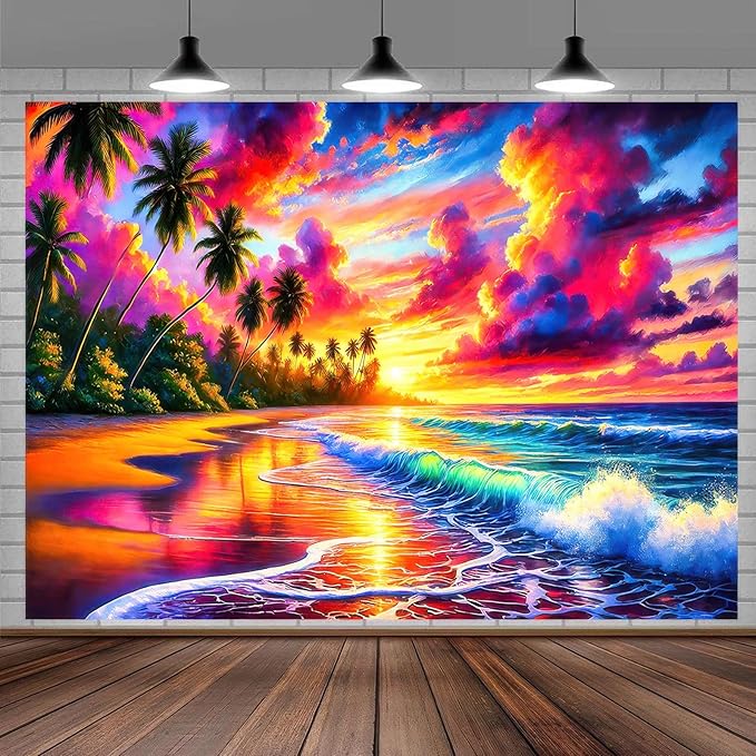 Beach Backdrop Banner 7.5x5.9ft Summer Hawaii Tropical Photography Backdrops Banner Vivid Pinks Sky Background for Outdoor Photo Party Decoration Sunshine Hawaii Themed