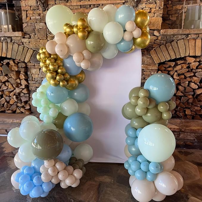 Dusty Blue Green Balloons, 60 Pcs 12 Inch Haze Fog Blue Sage Green Balloons with Sand White Metallic Gold Balloon for Boho Baby Shower Wedding Birthday Engagement Bridal Shower Party Decoration