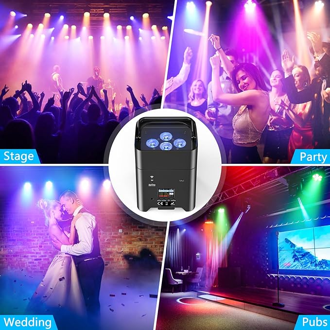 4Pcs with Bag Battery Powered Uplights Rechargeable Par Can 6x18W RGBWA+UV LED Uplight 9600 mAh APP/Remote/DMX512 Control Stage Lights Uplighting Indoor for Wedding DJ Party Events Dance Black