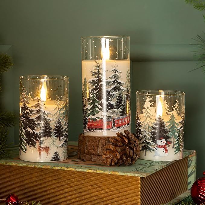 LUSHABOR Christmas Flameless Candles, 3 Pack Battery Operated Candles for Christmas Mantel Decor, Glass LED Flickering Candles Home Xmas Party Holiday D3 H4 5" 6", Trees