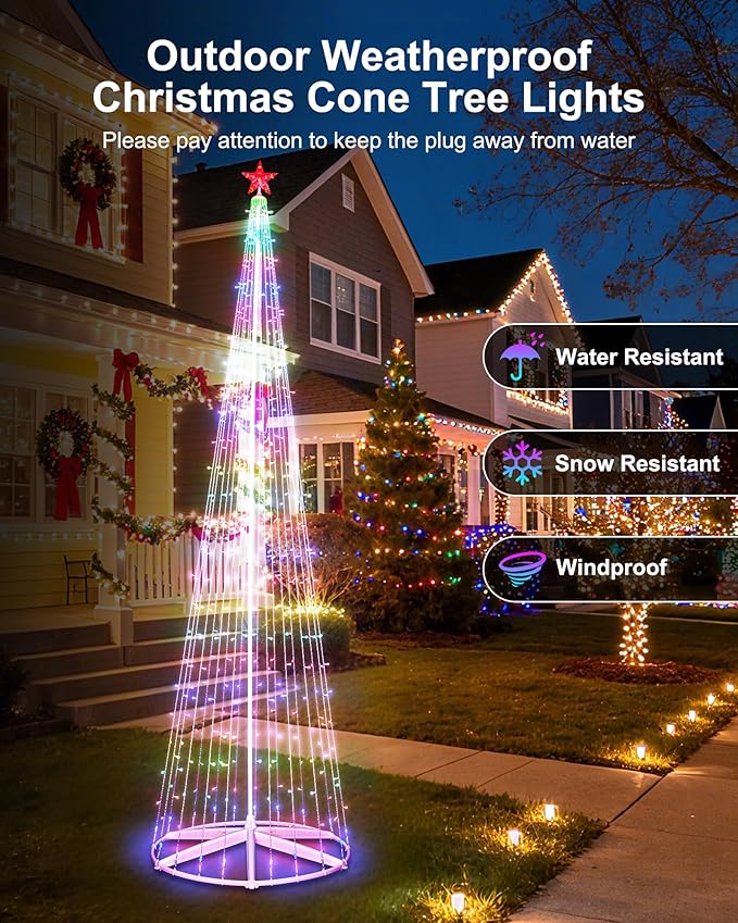 Brightown 12FT Outdoor Christmas Cone Tree Light, 443 LED Music Sync with Smart APP, Remote and Local Control, Pattern and Text Displayable, 16 Million Colors Light Show Tree for Indoor Decorations
