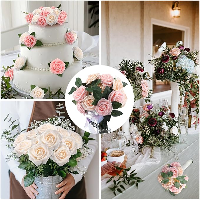 100 Pieces Artificial Foam Rose Flowers Faux Bouquet with Leaves and Stems for DIY Wedding Bouquets Centerpieces Bridal Shower Party Valentine Home Decorations(Pink, Champagne)