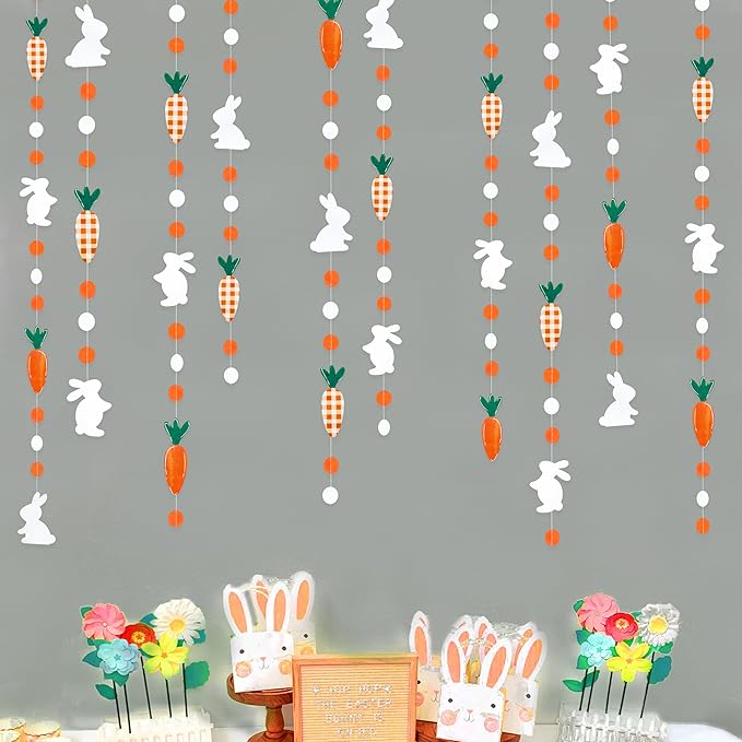 Pinkblume Easter Party Decorations - Bunny Carrot Circle Dot Garland Streamer Hanging Paper Buffalo Plaid Carrot Polka Dot Rabbit Banner for Spring Day Party Supplies