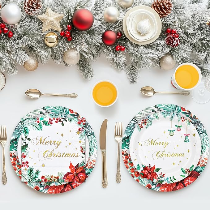 100 Christmas Party Paper Plates Napkins and Cups Set Poinsettia Disposable Dinnerware Set