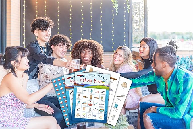 Fishing Bingo Cards, Camp Let's Go Fishing Bingo Games for 24 Players, Camping Party Games for Family Friends Large Group Activities, Fishing Party Favors Supplies Decorations(30)
