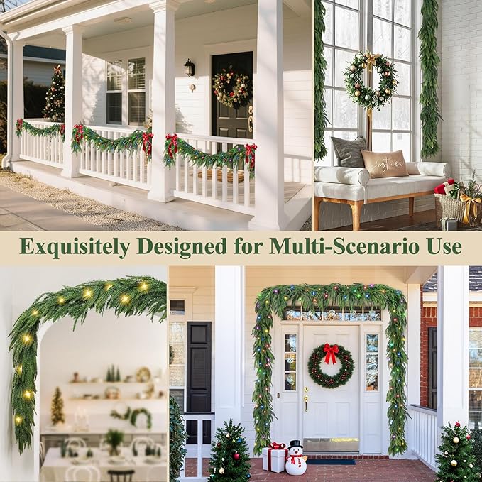 2Pcs Pre-lit Christmas Garland, 6FT Real Touch Lighted Norfolk Pine Garlands Battery Operated for Christmas Decorations with 35 LED RGB/WW String Lights, 8 Lighting Modes & Timer Function