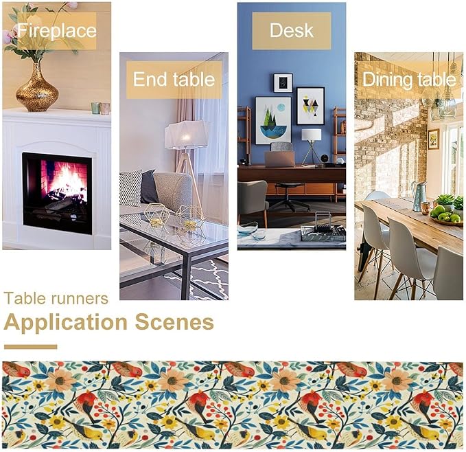 Flowers Birds Spring Table Runner, Colorful Birds Branches Floral Seasonal Kitchen Dining Table Decoration for Home Party Decor 13x120 Inch