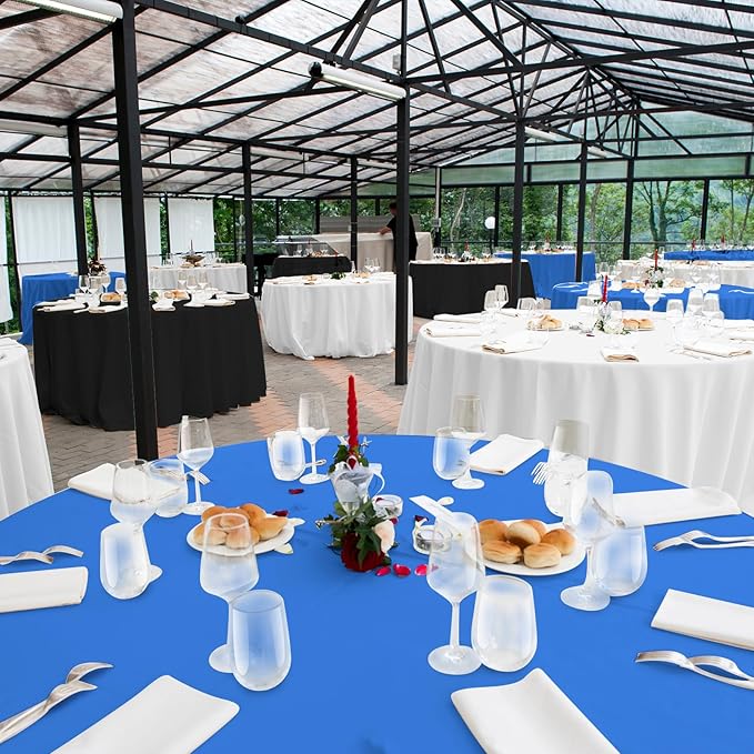 MASHAN 12 Pcs Blue Black White Plastic Tablecloths Bulk,84 Inch Disposable Round Party Table Cloth Waterproof Table Cover for Birthday Wedding Anniversary Graduation Party Decorations Supplies