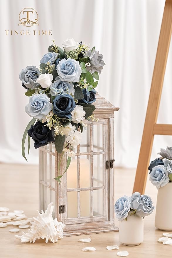 TINGE TIME Artificial Flowers, 25pcs Real Looking Gradient Blue Rose Fake Roses w/Stem for DIY Wedding Bouquets Centerpieces Arrangements Party Baby Shower Home Decorations