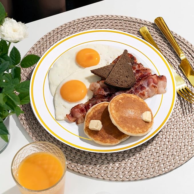 bUCLA 600Pcs White and Gold Plastic Plates - Gold Disposable Dinnerware Set for 100 Guests Include 100 Dinner & 100 Dessert Plates, 100 Cups, 100 Forks, 100 Spoons, 100 Knives for Thanksgiving