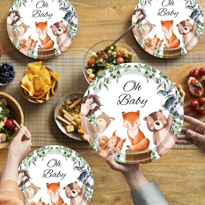 40Pcs Woodland Baby Shower Plates and Napkins Party Supplies, 9 Inch Nature Sage Paper Plates and Napkins Disposable Tableware Set for Boys Girls Safari Jungle Animal Party Decorations