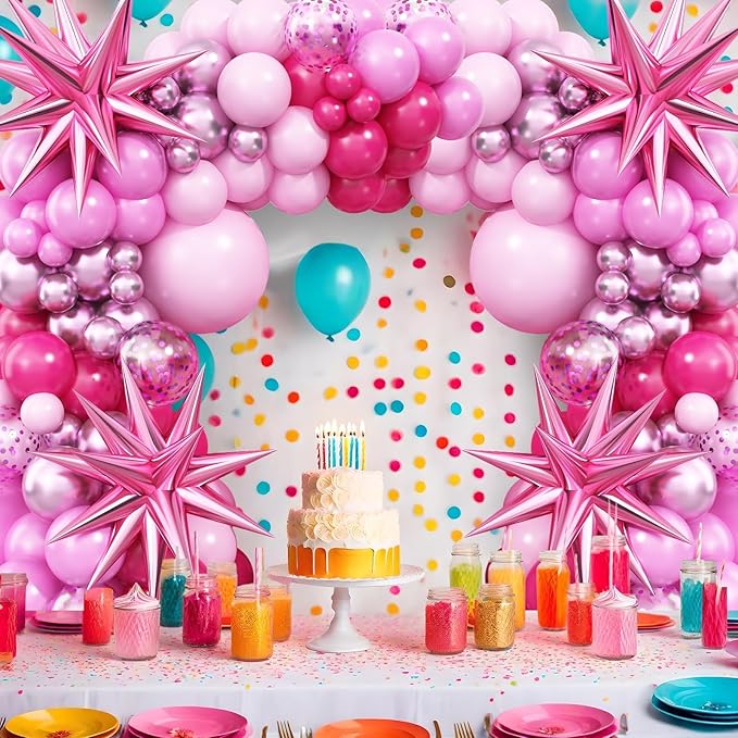 Pink Balloon Garland Arch Kit with Star Foil Balloons, Metallic Pink Matt pink Hot pink Pastel pink Balloons Arch Kit for Girls Women Birthday Wedding Baby Shower Princess Theme Party Decorations