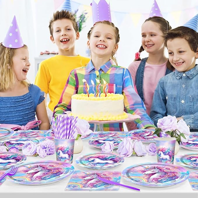 168PCS Unicorn Party Supplies Set for 24 Guests, Magical Unicorn Plates, Cups, Napkins, Straws, and Cutlery, Disposable Tableware Set for Birthday, Baby Shower, and Girls’ Party Decorations