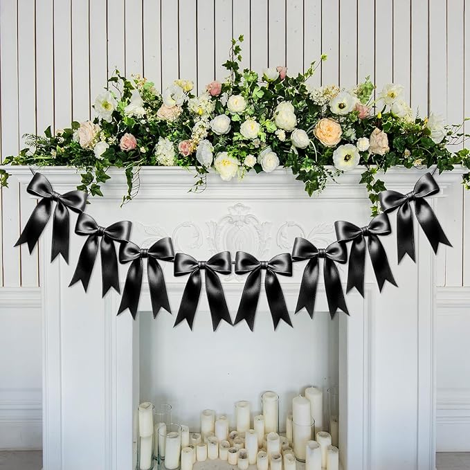 1 String of 8PCS Black Bow Garland Banner Decoration,Pre-Strung Satin Ribbon Ornaments for Birthday,Bachelorette Party,Bridal Shower,Wedding,Engagement,Baby Shower,Graduation Decor,Anniversary