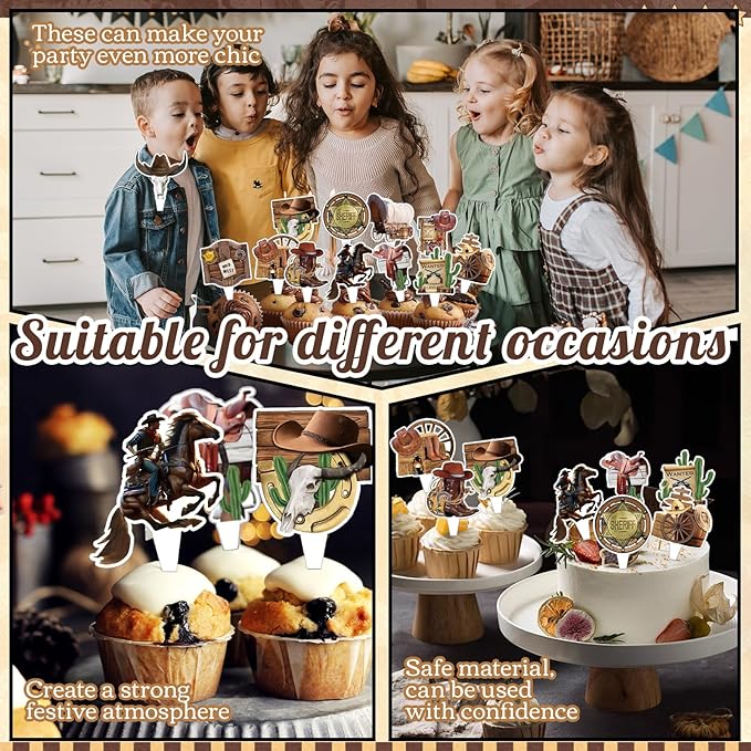 24 PCS Western Cowboy Happy Birthday Cupcake Toppers Wild West Theme Party Decorations Cake Decor Cupcak Decorations Cake Decorating Party Supplies Decor for Baby Shower Men Women Boys Girls