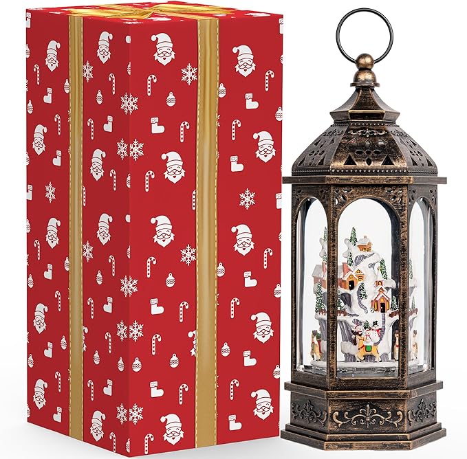 12.8'' Christmas Village Snow Globe Lantern, Santa Sleigh with Reindeer Will Rotate Around The Snowy Mountain Village with Musics Swirling Glitter Water Lantern for Home Decoration and Gift