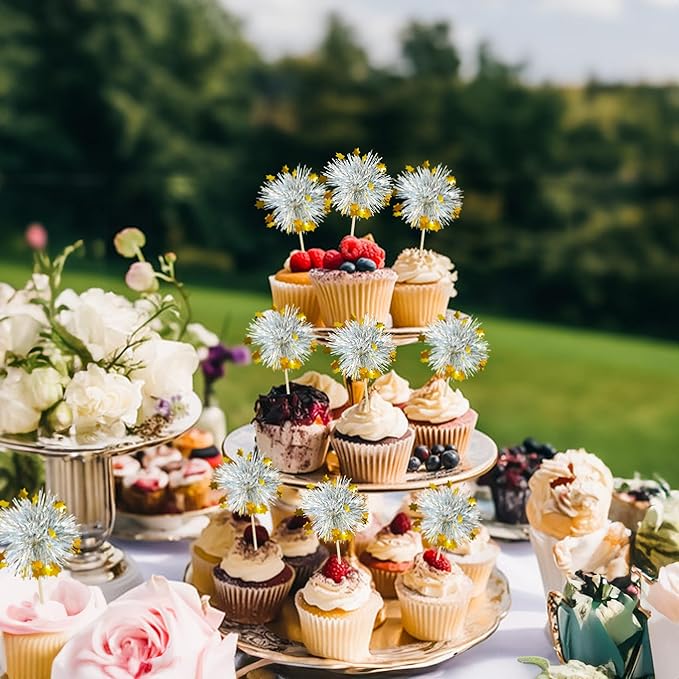 Ephlyn 30Pcs Foil Firework Cupcake Toppers Sparkle Tinsel Cupcake Picks Happy Birthday Cake Decorations Drink Stirrers Cocktail Food Fruit Toothpicks for Baby Shower Graduation Party Supplies Silver