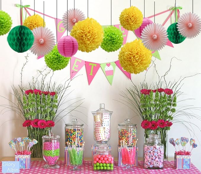 Party Decorations Kit Hanging Paper Fan Tissue Pom Poms Flowers Honeycomb Balls Paper Lantern for Trial Baby Shower First Birthday Bridal Shower Summer Decorations Hawaiian Luau Beach Supplies