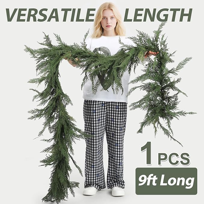 Jutom 1 PCS 9 ft Christmas Cedar Garland - Green Artificial Realistic Cedar Garland Faux Decoration for Table, Mantel, Wall Winter Holiday Party