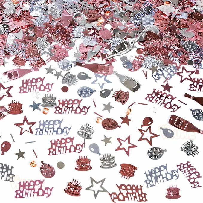 VHUWE Happy Birthday Confetti, 1.6 oz Rose Gold Silver Cake Balloon Star Goblet Bottle Glitter Confetti for Happy Birthday Party Decorations Boys Girls Kids Women Men Birthday Table Decorations