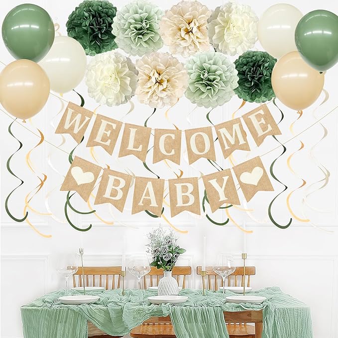 Baby Shower Party Decorations Kit Welcome Baby Heart Burlap Banner with Sage Green Tissue Flowers Pom Pom Felt Swirl Cheesecloth Table Runner Balloons for Neutral Party Decorations Supplies