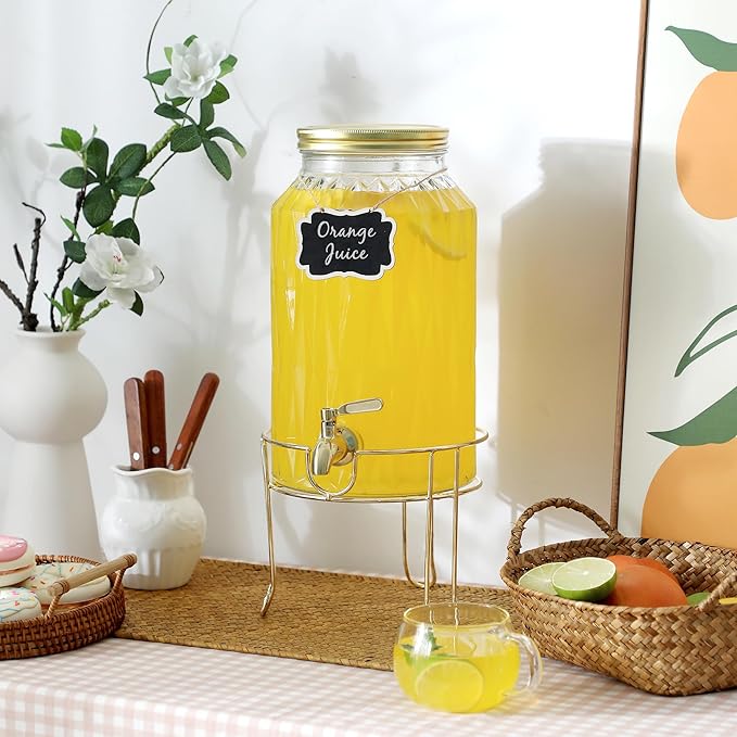 1.5 Gallon Glass Drink Dispenser with Stand – Large Beverage Dispenser with Stainless Steel Spigot, Chalkboard Tags & Marker – Glass Water Dispenser for Fridge, Parties, Weddings and Home Use,Glod