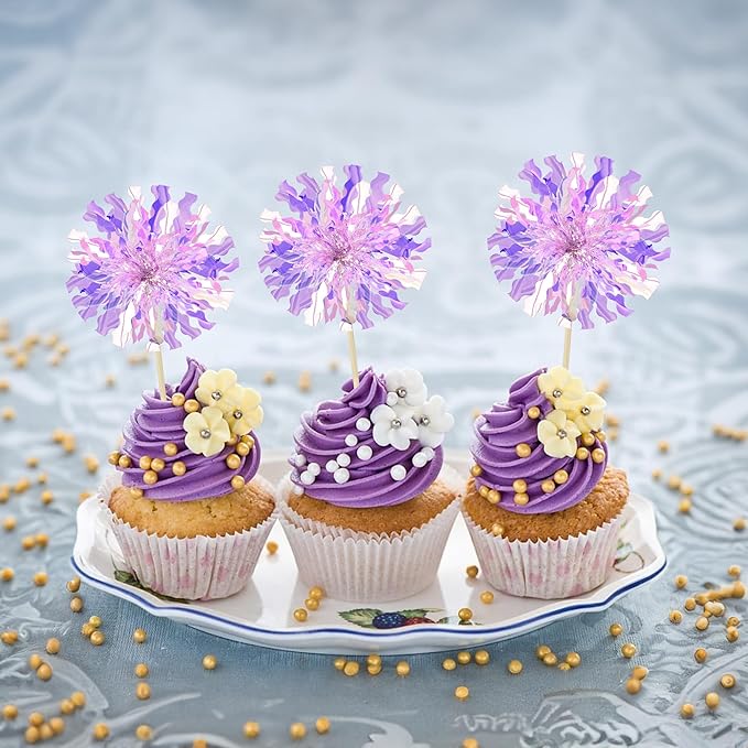 Ephlyn 30Pcs Foil Firework Cupcake Toppers Sparkle Tinsel Cupcake Picks Happy Birthday Cake Decorations Drink Stirrers Cocktail Food Fruit Toothpicks for Baby Shower Graduation Party Supplies Purple